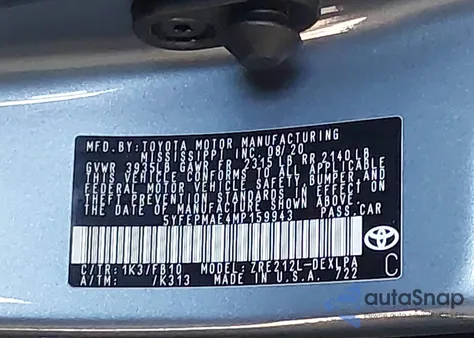 2021 Toyota Corolla Le из США, поврежденный, VIN 5YFEPMAE4MP159943